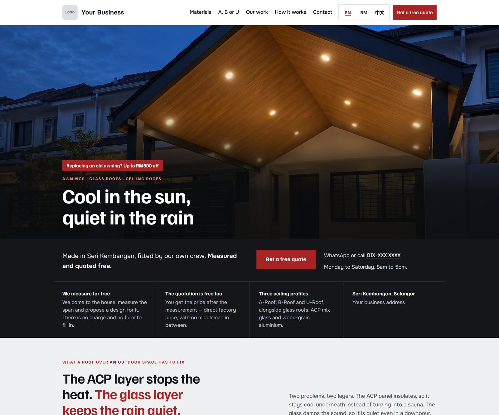 A website for a awning & glass-roof specialist, on a desktop screen