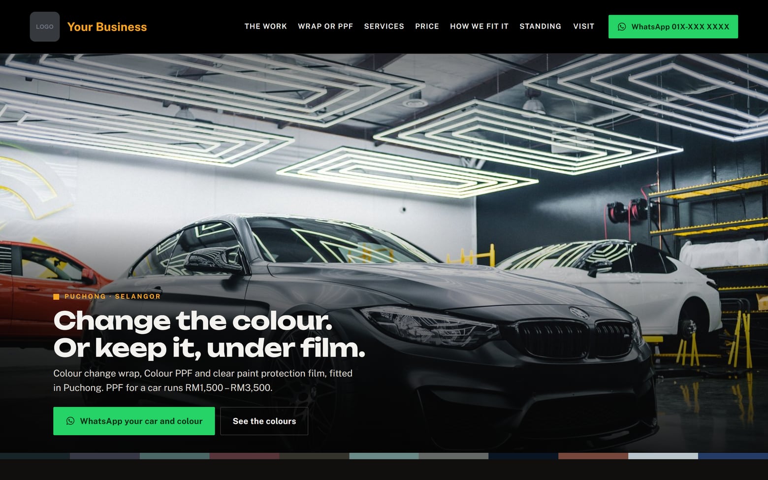 A website for a car wrap & ppf studio, on a desktop screen