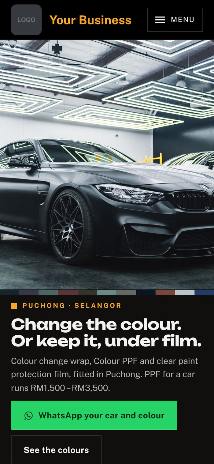 A website for a car wrap & ppf studio, on a phone screen