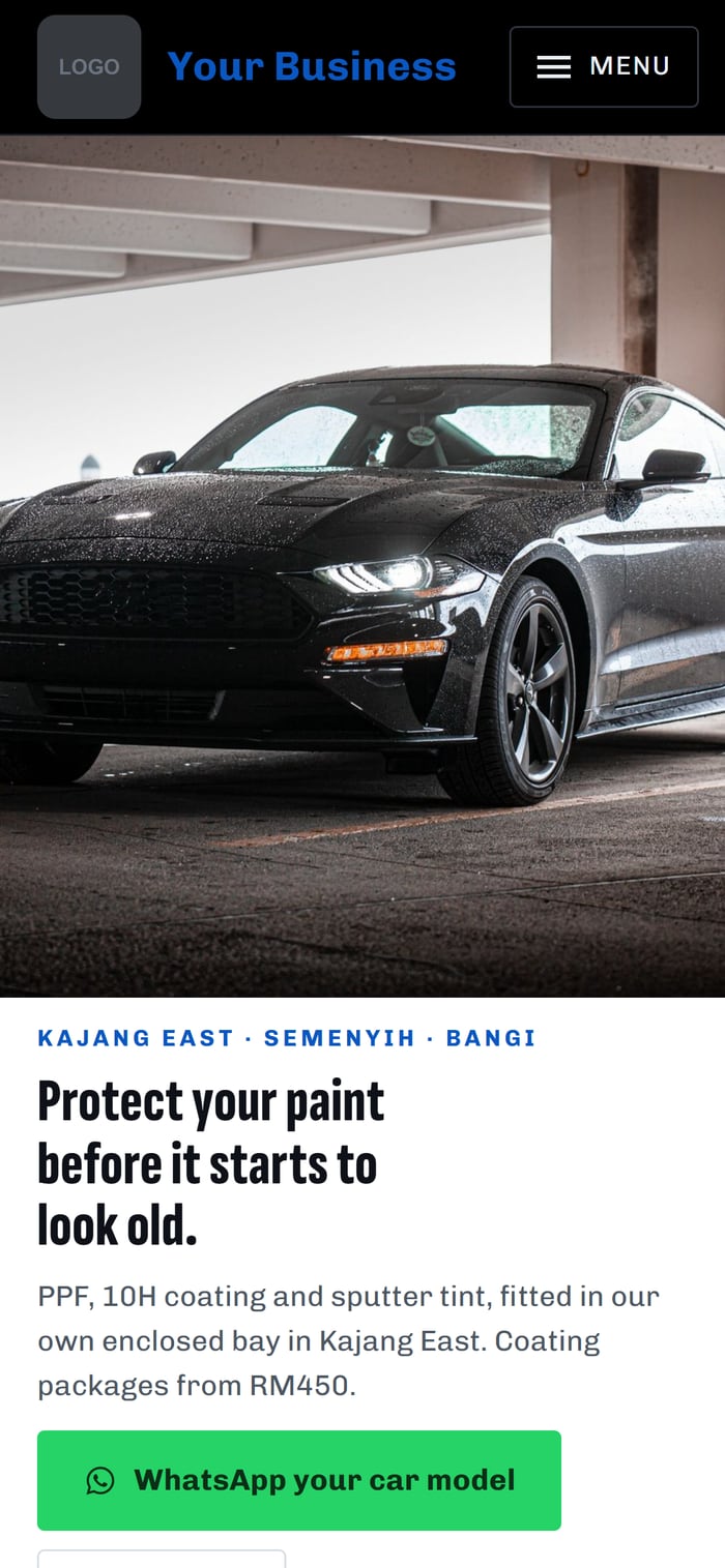 A website for a paint protection & coating centre, on a phone screen