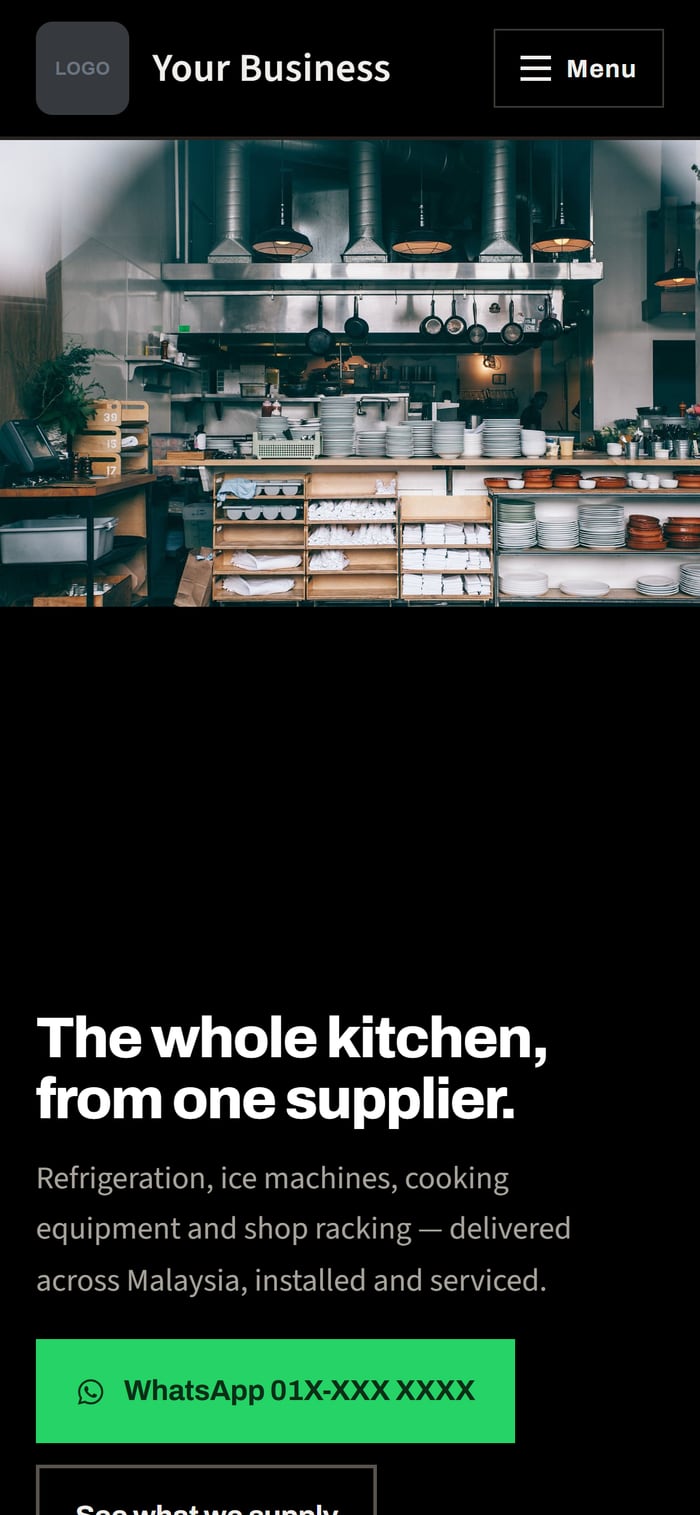 A website for a commercial kitchen supplier, on a phone screen