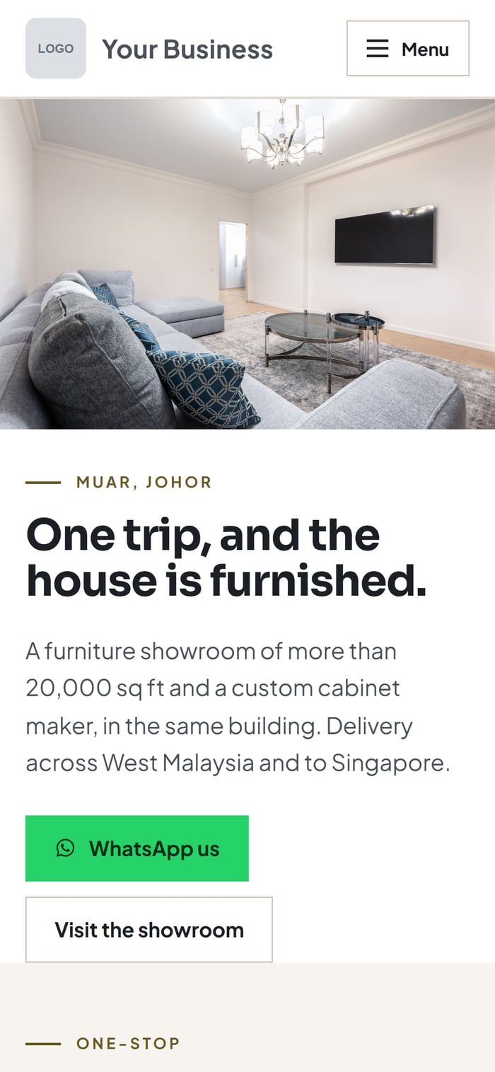 A website for a furniture showroom & cabinet maker, on a phone screen